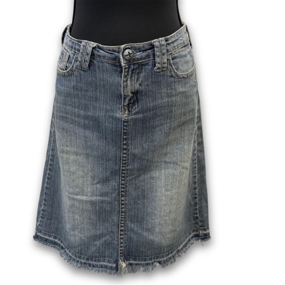 Y2K Knee-Length Denim‎ Skirt with Raw Hem | Size 7 | Industrial Cotton